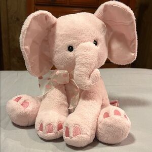 Cute Sweet  Pink Stuffed Animal Elephant Toy Plush Polka Dot Bow Silk Ears Lovey